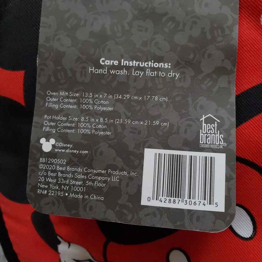 Disney Mickey Mouse Oversized Oven Mitt + Pot Holder Set Red Black Retro Gift 79